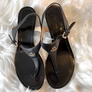 Coach Vitalia Leather Thong Wedge Sandal Black Sz 8